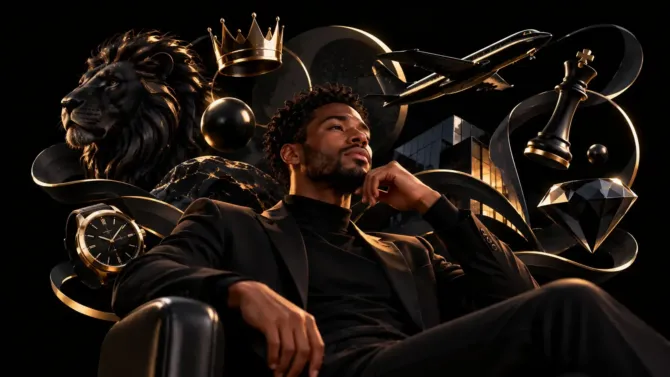 Elegant man in a black suit surrounded by golden elements of power, luxury and sophistication, including a lion, crown, private jet and chess piece — representing the psychology of the color black.