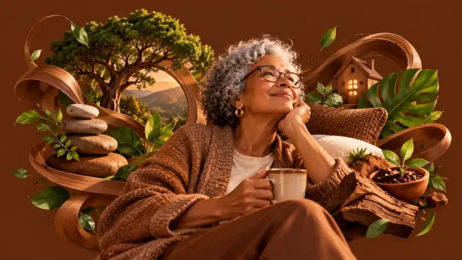 Relaxed woman holding a mug surrounded by brown elements of warmth, stability and nature, including a tree, balanced stones and a small wooden house — representing the psychology of the color brown.