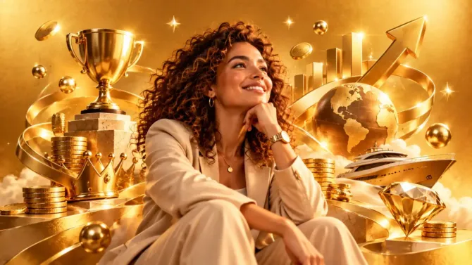 Smiling woman surrounded by golden elements of success and prosperity, including a trophy, crown, coins, globe and growth chart — representing the psychology of the color gold.