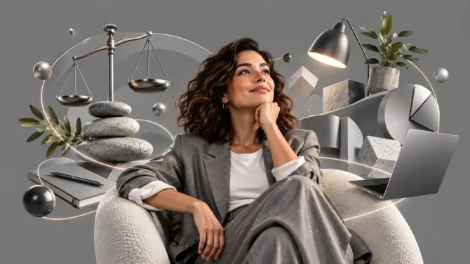 Thoughtful woman in a gray blazer surrounded by gray elements of balance and neutrality, including a scale, stacked stones, a laptop and geometric shapes — representing the psychology of the color gray.
