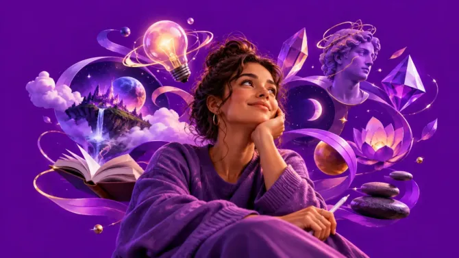 Relaxed, thoughtful woman surrounded by purple and lilac elements of creativity, spirituality and imagination, including a lightbulb, open book, classical statue and lotus — representing the psychology of these colors.