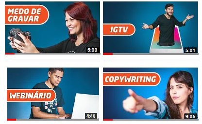 Fazer vídeo: exemplo com 3 thumbnails que têm a mesma identidade visual no canal do youtube da Hotmart