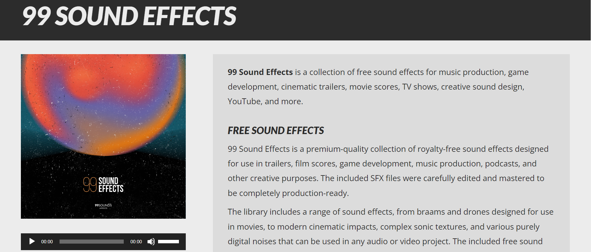 Imagen de la página principal de 99Sounds un programa sobre colocar efectos de videos.