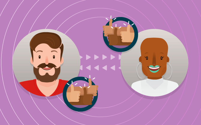 What is rapport? In the image, we have two people, one in each corner. On the left is a man, and on the right, a woman. Between them we have arrows pointing to both sides representing communication and several “thumbs up”, indicating that the communication is clear.
