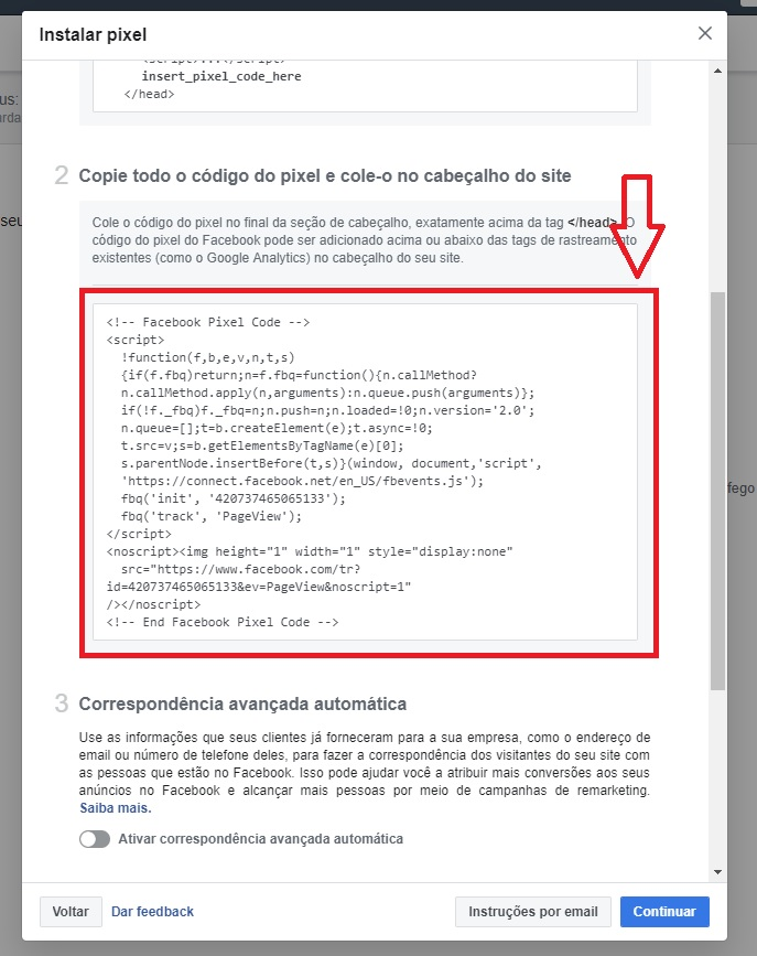 Google Tag Manager: copiando o código do pixel da sua conta do Facebook