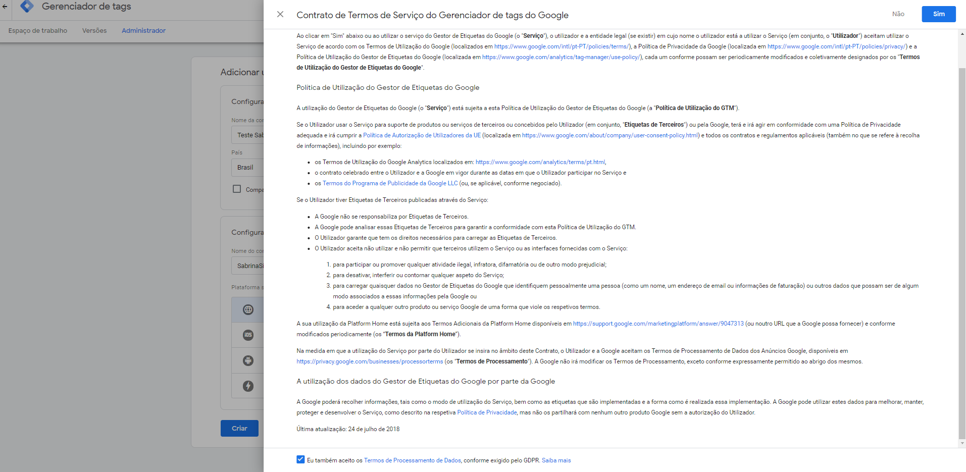 Google Tag Manager: aceitando os termos de uso no GTM