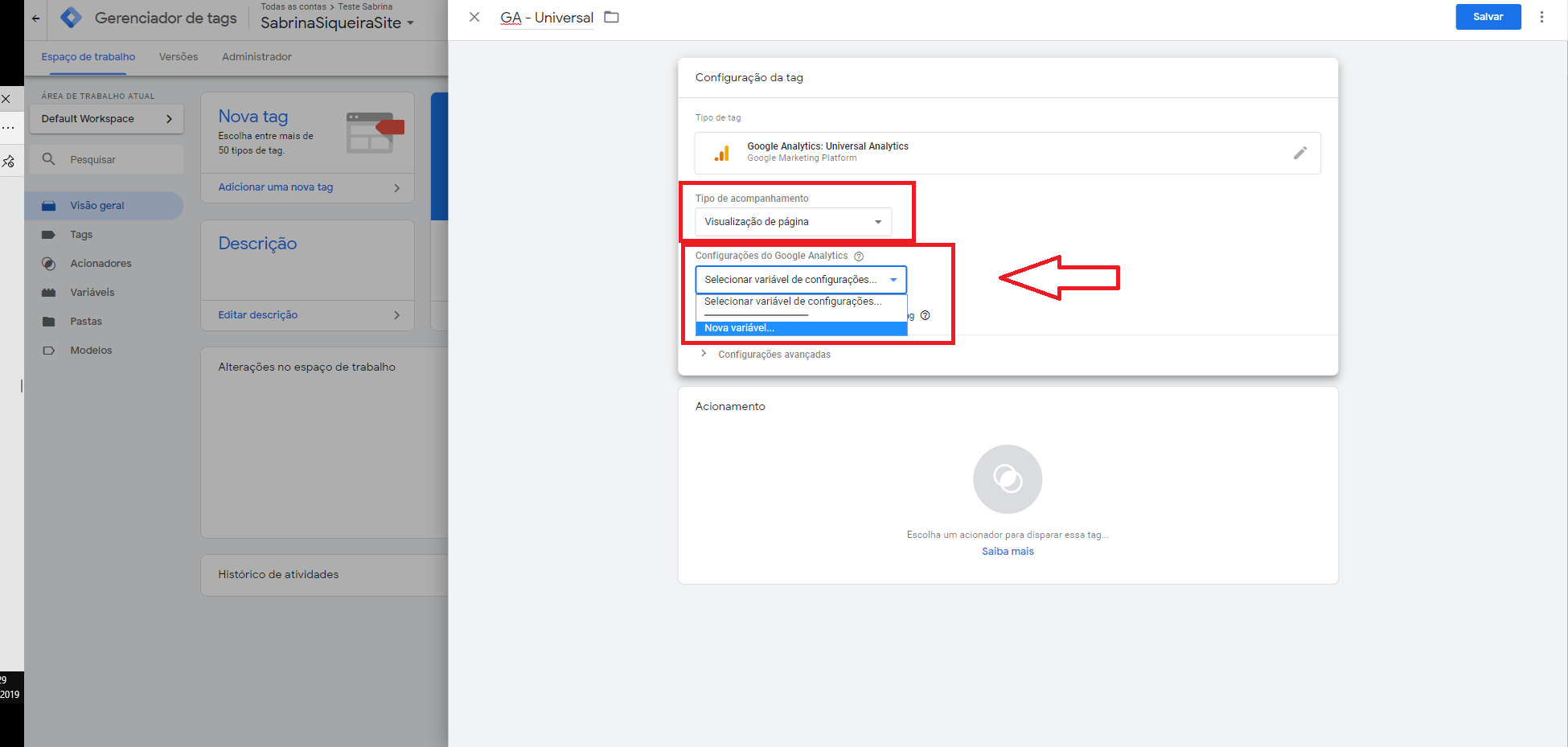 Google Tag Manager: clicando em em “Selecionar variável de configuração” e, depois, em “Nova variável”