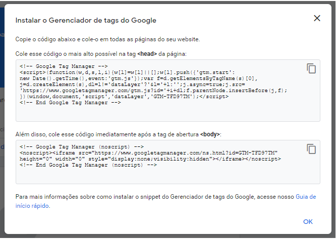 Google Tag Manager: copiando o código JavaScript do GTM