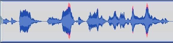 Editar audio. Superposición de formas de onda. Los picos (en rojo) se eliminaron después de la aplicación del limitador (dibujo azul)