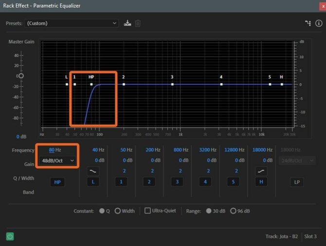 Hi-pass filter de 80 Hz a -48db/Oct en el ecualizador del Adobe Audition
