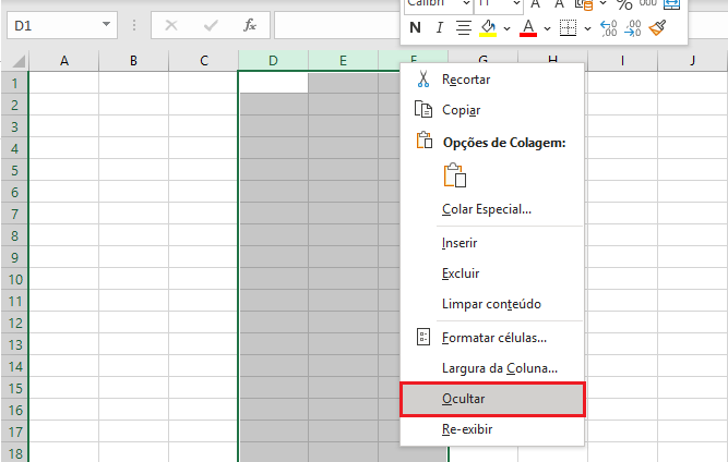 Excel: ocultando as colunas D, E e F