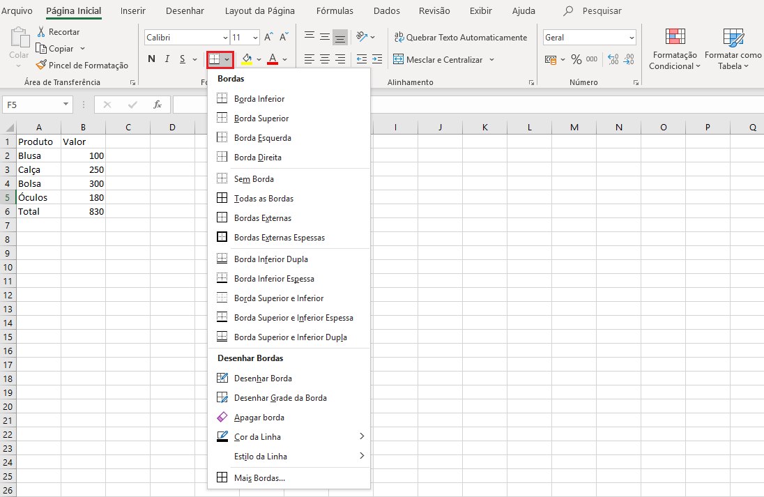 Excel: selecionando a setinha do ícone de bordas