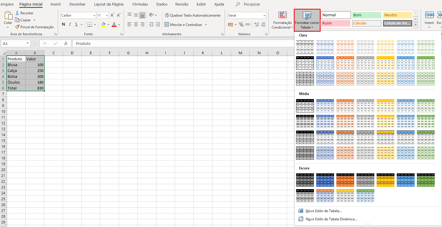 Excel: formatando como tabela