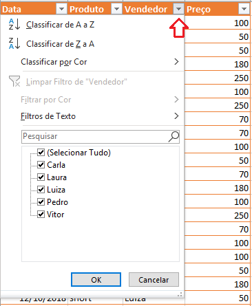 Excel: clicando na setinha ao lado da coluna de “Vendedor”