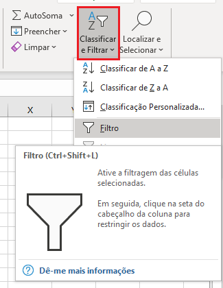 Excel: clicando na opção “Filtro”