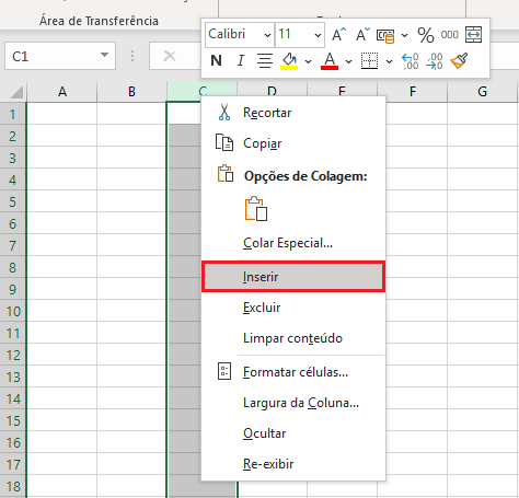 Excel: inserindo uma nova coluna à direita da C, que será a D