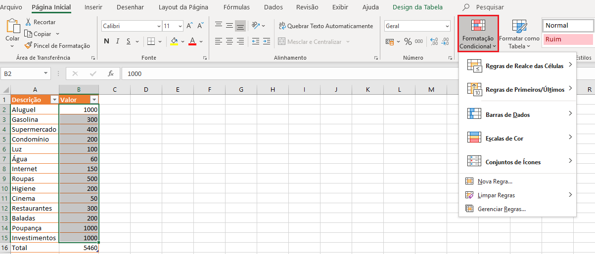 Excel: clicando em “Formatação Condicional”