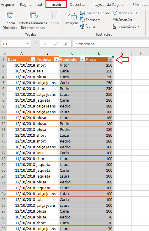 Excel: selecionando as colunas de “Vendedor” e “Preço”