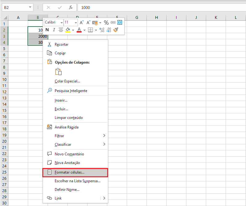 Excel: clicando com o botão direito e usar a opção “Formatar células”