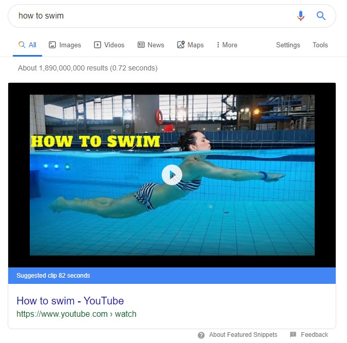 áudio SEO - imagem de uma sugestão de resultado em vídeo no Google para a pergunta "como nadar" mostrando que o Google indica o trecho do vídeo em que a questão é respondida
