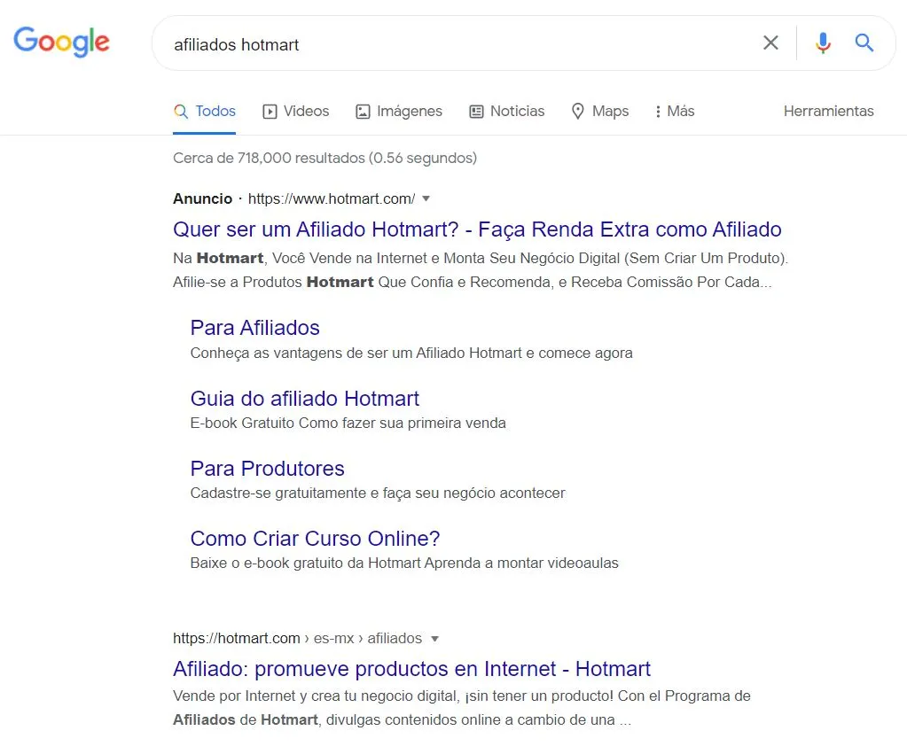 Imagen de una búsqueda en Google que muestra los anuncios pagados y los resultados orgánicos.