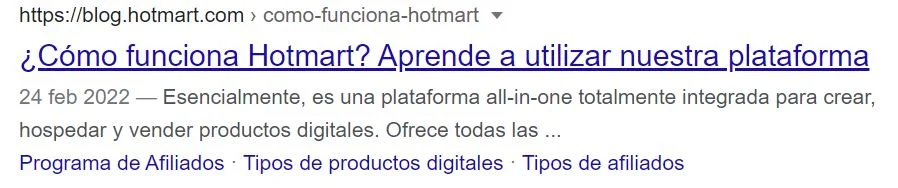 Imagen que muestra el título SEO y meta descripción del post "Cómo funciona Hotmart", ello busca ejemplificar qué es seo en marketing.
