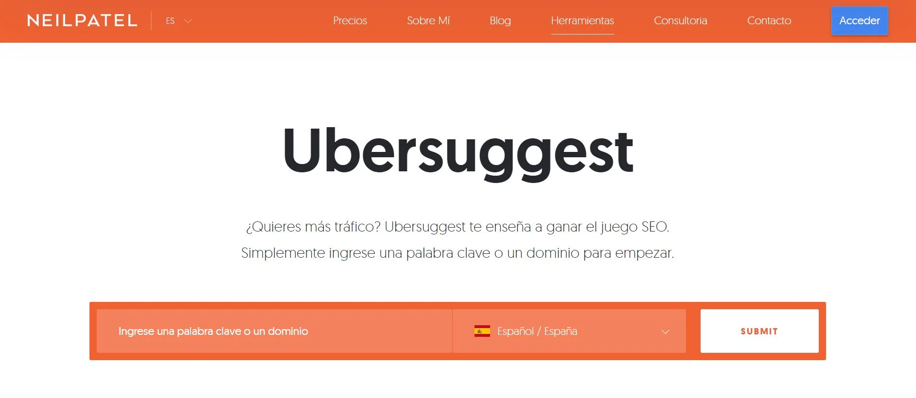 Imagen de la home de Ubersuggest una de las herramientas para SEO en marketing más utilizadas en Latinoamérica.