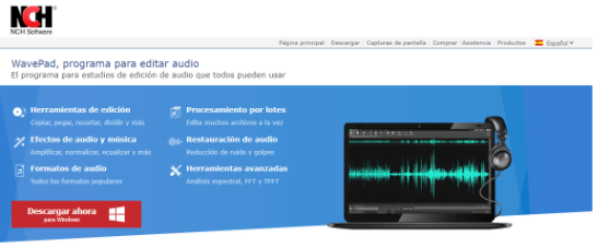 Imagen de la página de descarga un editor de audio: WavePad