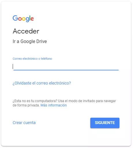 Imagen del formulario de inicio de sesión de Google Drive.