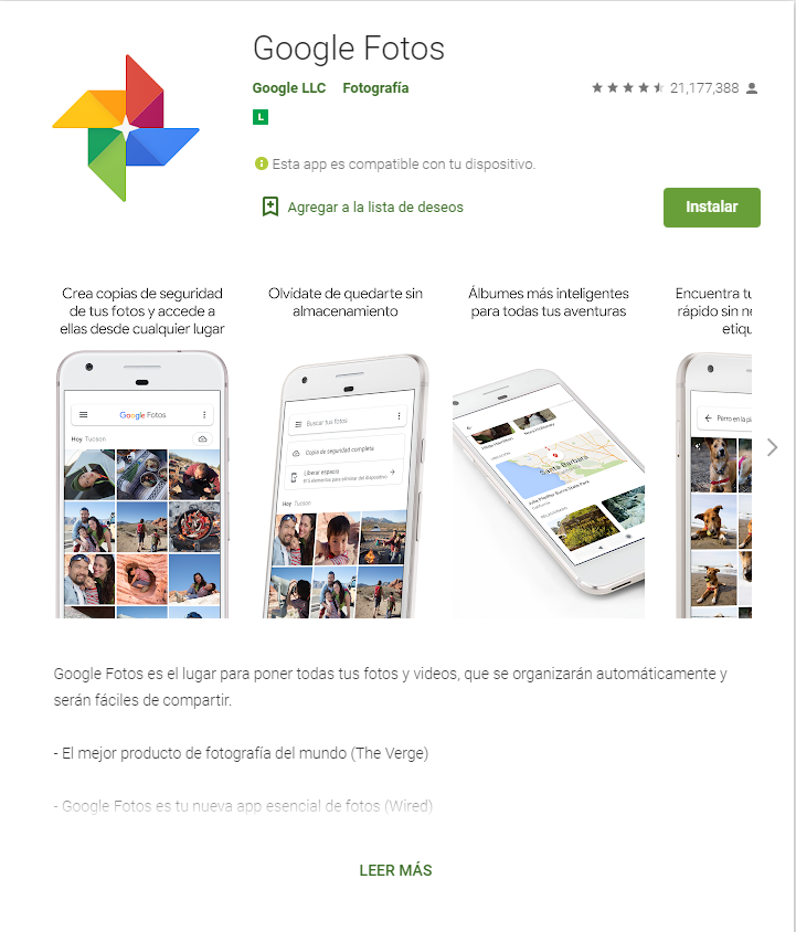 Imagen de la pantalla principal de descarga de la aplicación Google Fotos.
