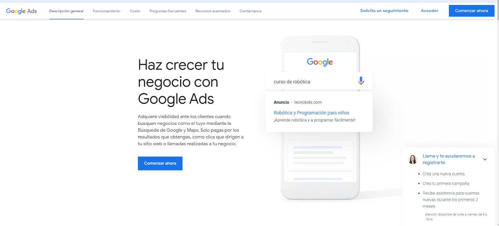 Pantalla de inicio de Google Ads en Español