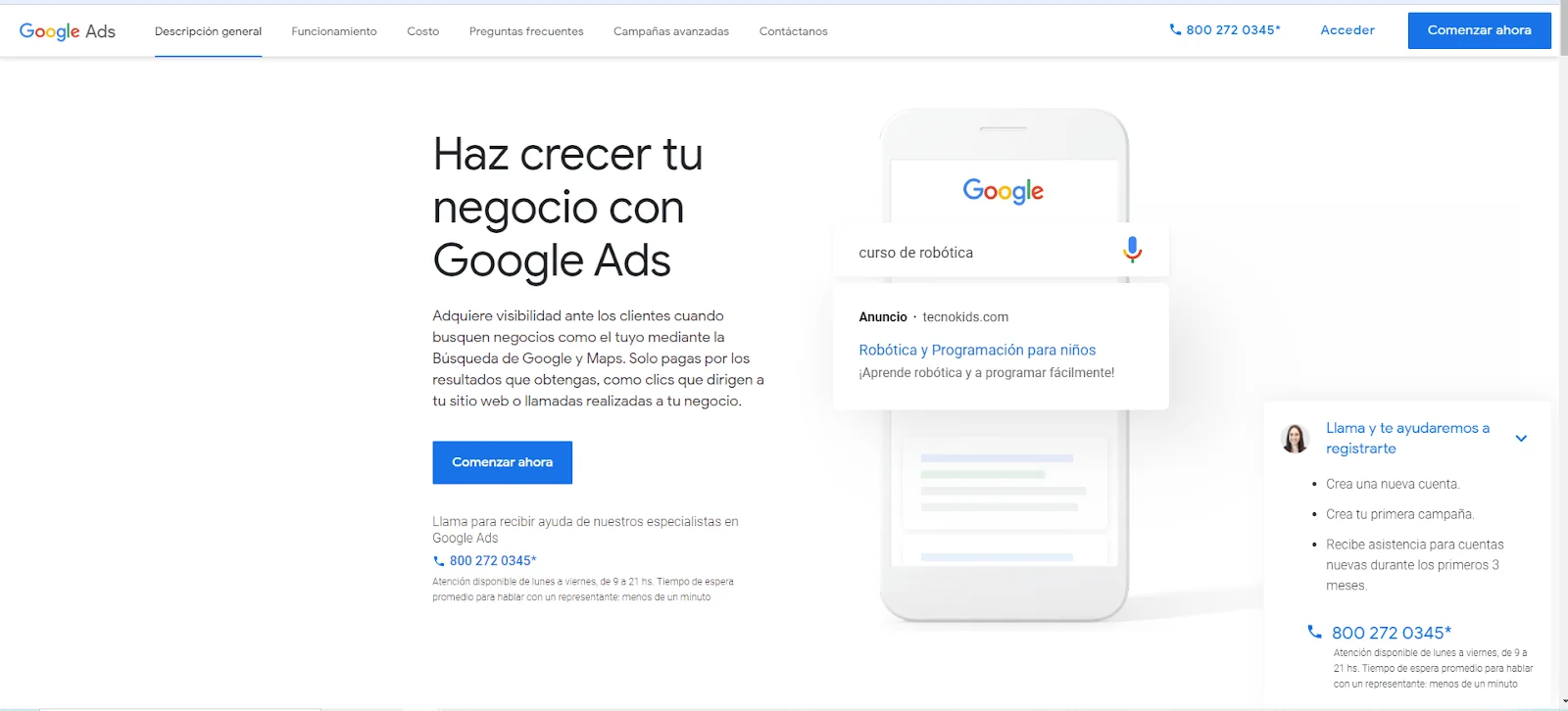 Imagen de la página de inicio de Google Ads para crear anuncios.