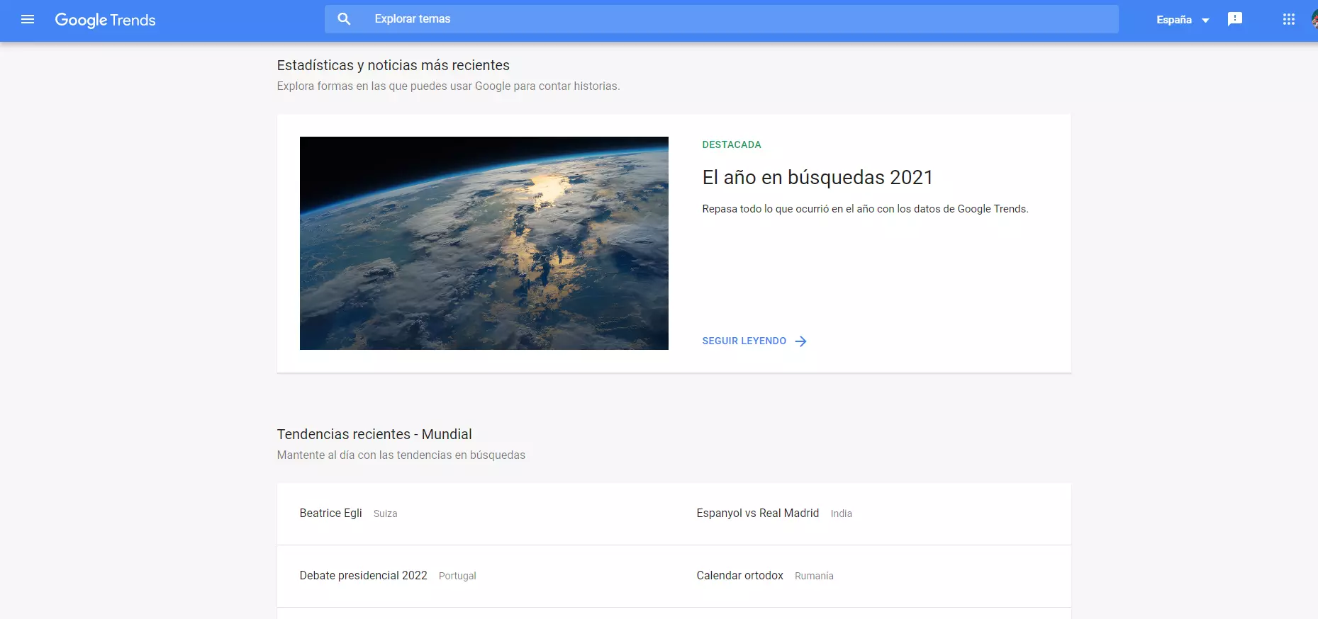 Captura de pantalla de la herramienta con el resumen de las principales búsquedas del año.