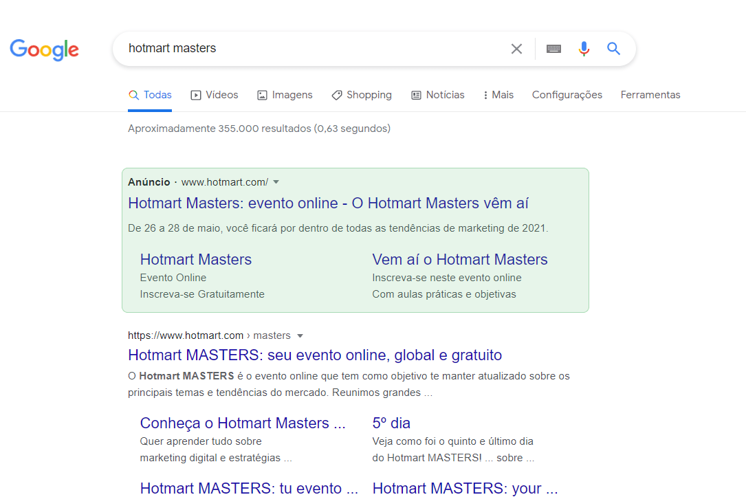 print dos resultados de pesquisa para a palavra-chave "Hotmart Masters" mostrando, no primeiro lugar, um anúncio pago no Google sobre o evento