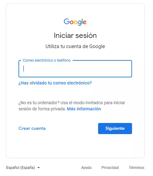 Imagen del formulario para iniciar sesión en Google y tener acceso a Google Trends.
