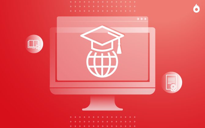 metodologias de ensino - ilustração de um monitor com um globo terrestre estilizado na tela com um capelo em cima; do lado esquerdo do monitor, um círculo com a ilustração de um livro aberto; do lado direito, um círculo com um cursor de mouse