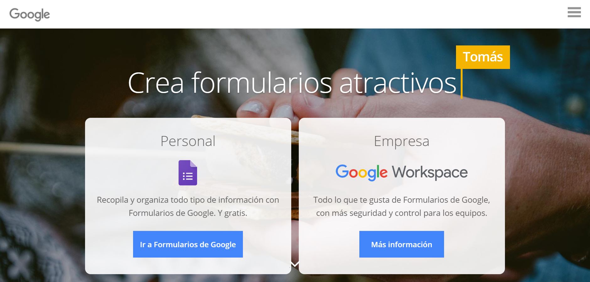 Pantalla de bienvenida a Google Forms y otras aplicaciones de Google.
