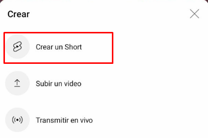 Imagen de elección de creación de videos cortos, dentro de ellos aparece la alternativa crear un short.