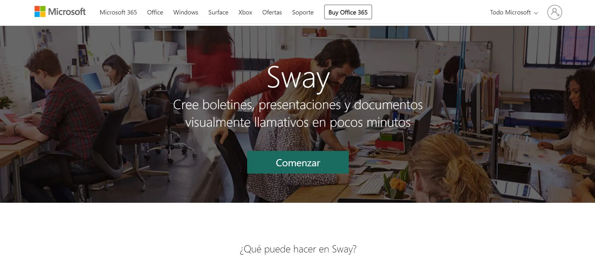 Imagen de la homepage de una de las herramientas para crear cursos online, Microsoft Sway.