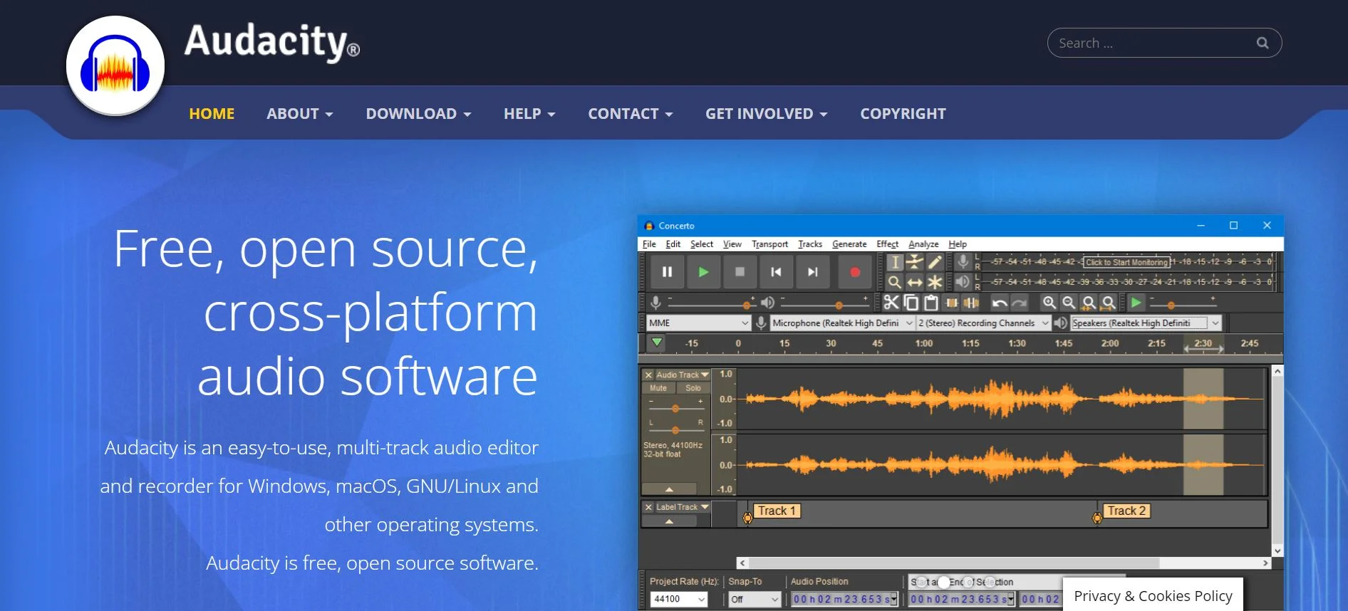 Captura de pantalla de la website de Audacity, la herramienta especializada en edición de audios para crear un curso virtual.