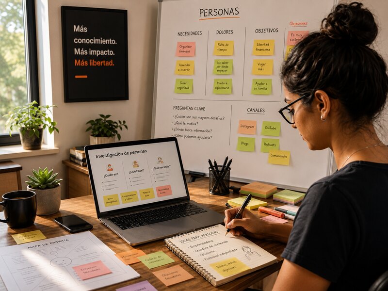 Profesional investiga perfiles de clientes y organiza necesidades, objetivos, dolores y canales para comprender qué es una persona en marketing y desarrollar estrategias de comunicación más segmentadas y efectivas.