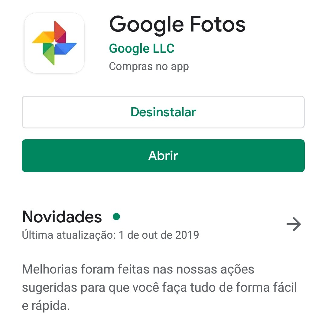 Print de tela da página do Google Fotos na Play Store