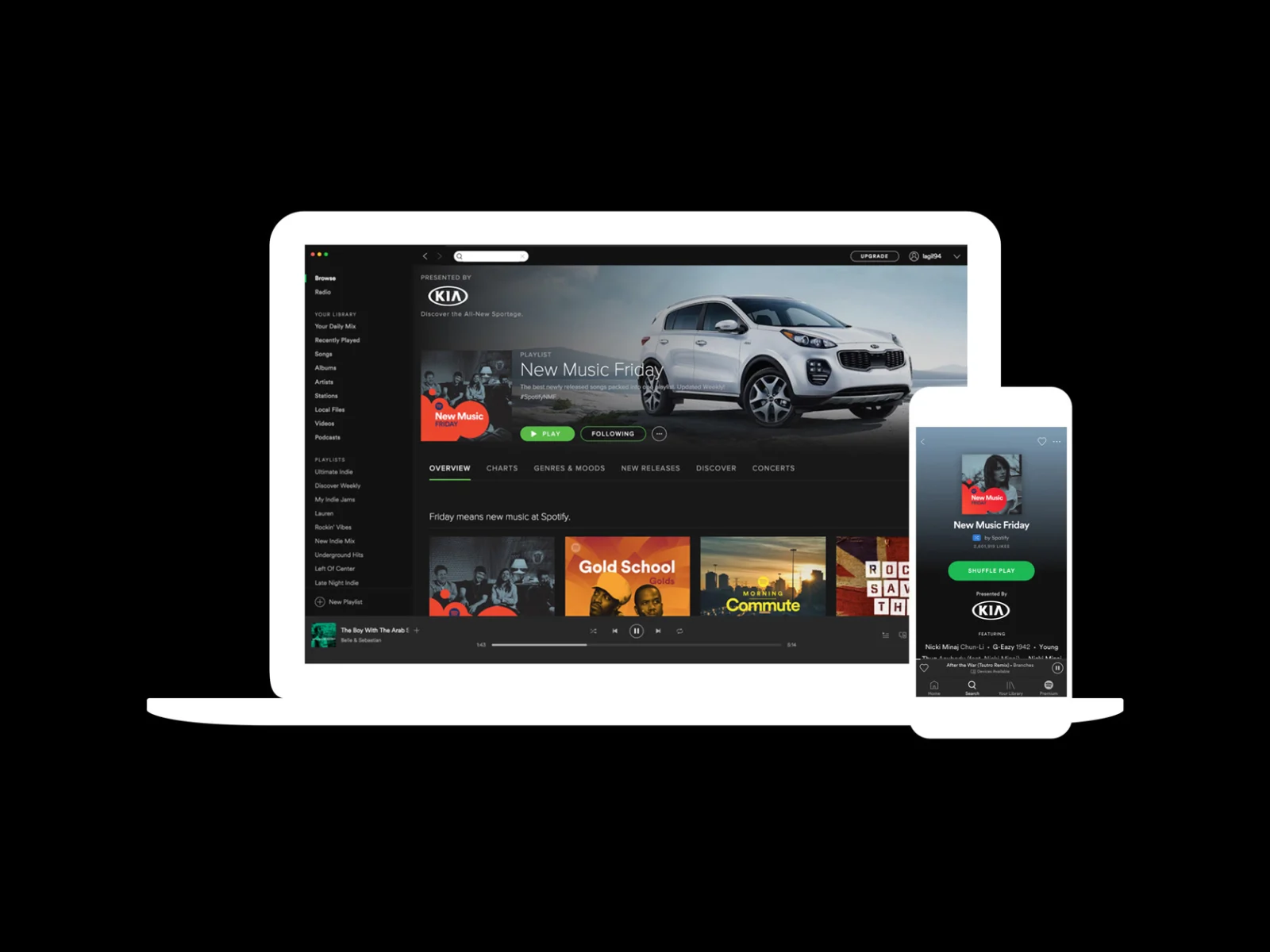 Spotify Ads - Um notebook e um smartphone lado a lado com um anúncio no formato Playlist Patrocinada na tela