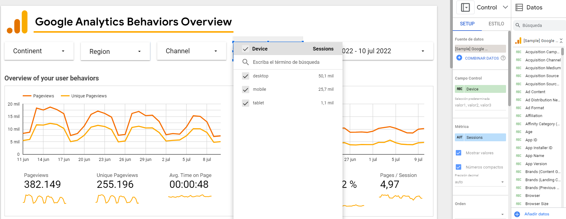 Imagen de la tabla de un dashboard de Google Data Studio mostrando los datos que lo conforman.