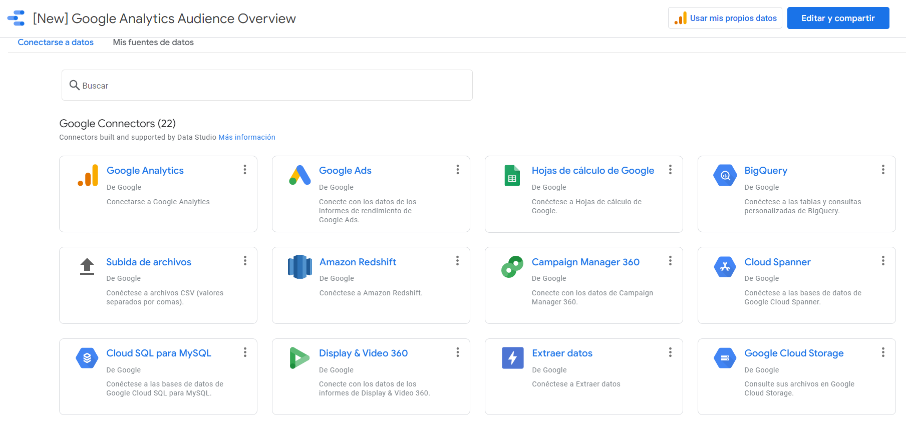 Imagen de una captura de pantalla de todas las herramientas que se pueden integrar con Google Data Studio.
