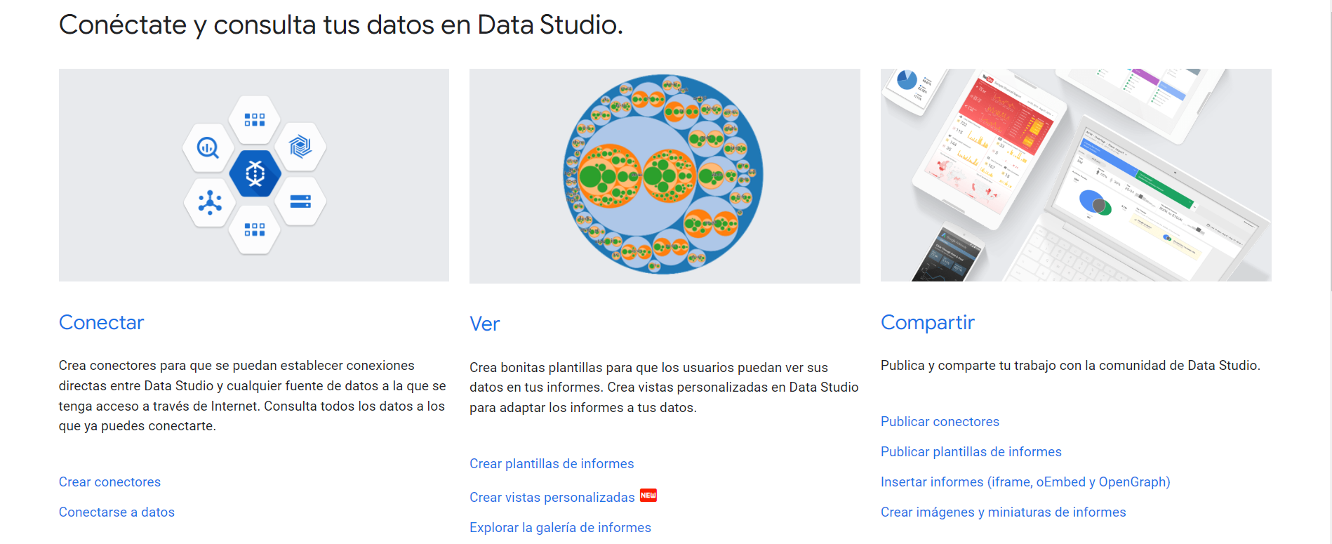 Imagen de la captura de pantalla del menú principal de Google Data Studio.