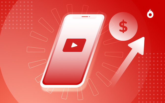 Como ganhar dinheiro no YouTube - ilustração de um smartphone com a logomarca do YouTube na tela, uma seta apontando para cima e uma moeda com um cifrão