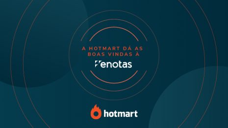 Imagem com logo do eNotas e da Hotmart que acompanham a frase "A Hotmart dá as boas vindas à eNotas", fazendo referência à estratégia em que a Hotmart adquire eNotas.