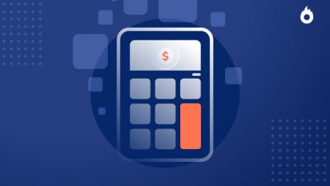 Calculadora de Rentabilidade Hotmart - ilustração de uma calculadora com um símbolo de dinheiro na tela sobre fundo azul escuro