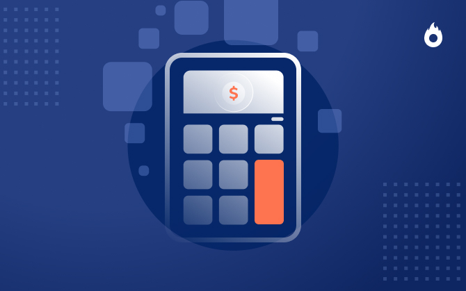 Calculadora de Rentabilidade Hotmart - ilustração de uma calculadora com um símbolo de dinheiro na tela sobre fundo azul escuro